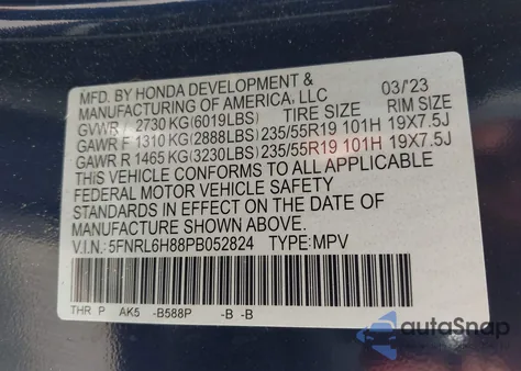 2023 Honda Odyssey Touring z USA, uszkodzony, nr VIN 5FNRL6H88PB052824
